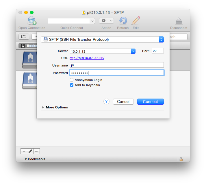 Connect Rapsberry Pi via Cyberduck Cyberduck to RPi
